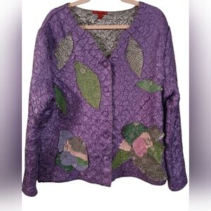 Joni B Textured Long Sleeve Jacket/Blazer, Purple, Floral, Embroidered, Size L